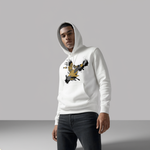 Black hoodie with Akan warrior graphic in gold armor and ritual mask
