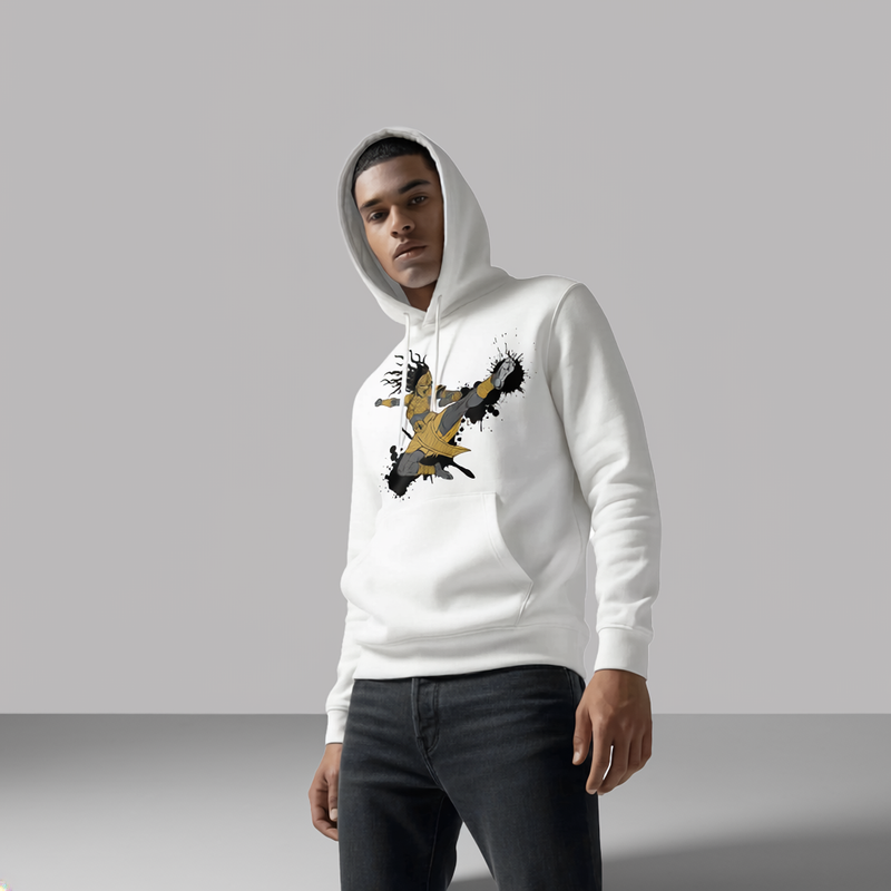 Black hoodie with Akan warrior graphic in gold armor and ritual mask