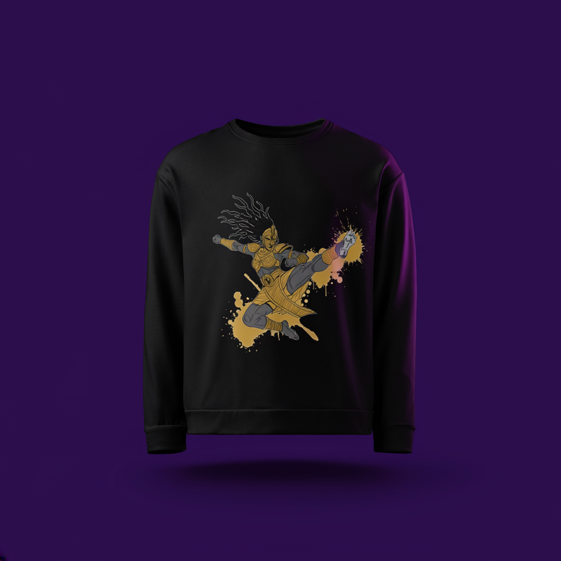 Sweatshirt with Akan warrior graphic in gold ceremonial armor and ritual mask