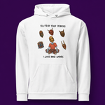 White hoodie with five ceremonial demon masks and 'You Fear Your Demons' text