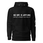 Black hoodie with 'No One Is Watching' ink-wash print, dark streetwear by Myth Ink