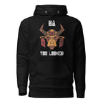 Black hoodie with inverted 'Ha! You Looked' text and terracotta gold ceremonial mask graphic